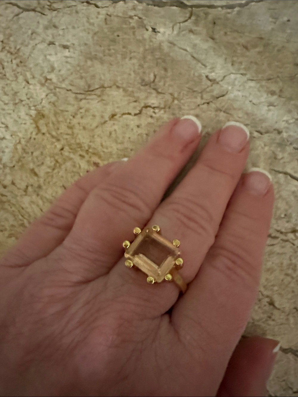 Gold-Tone Square Halo Ring with Champagne Center Stone (knockoff Jane Pope)